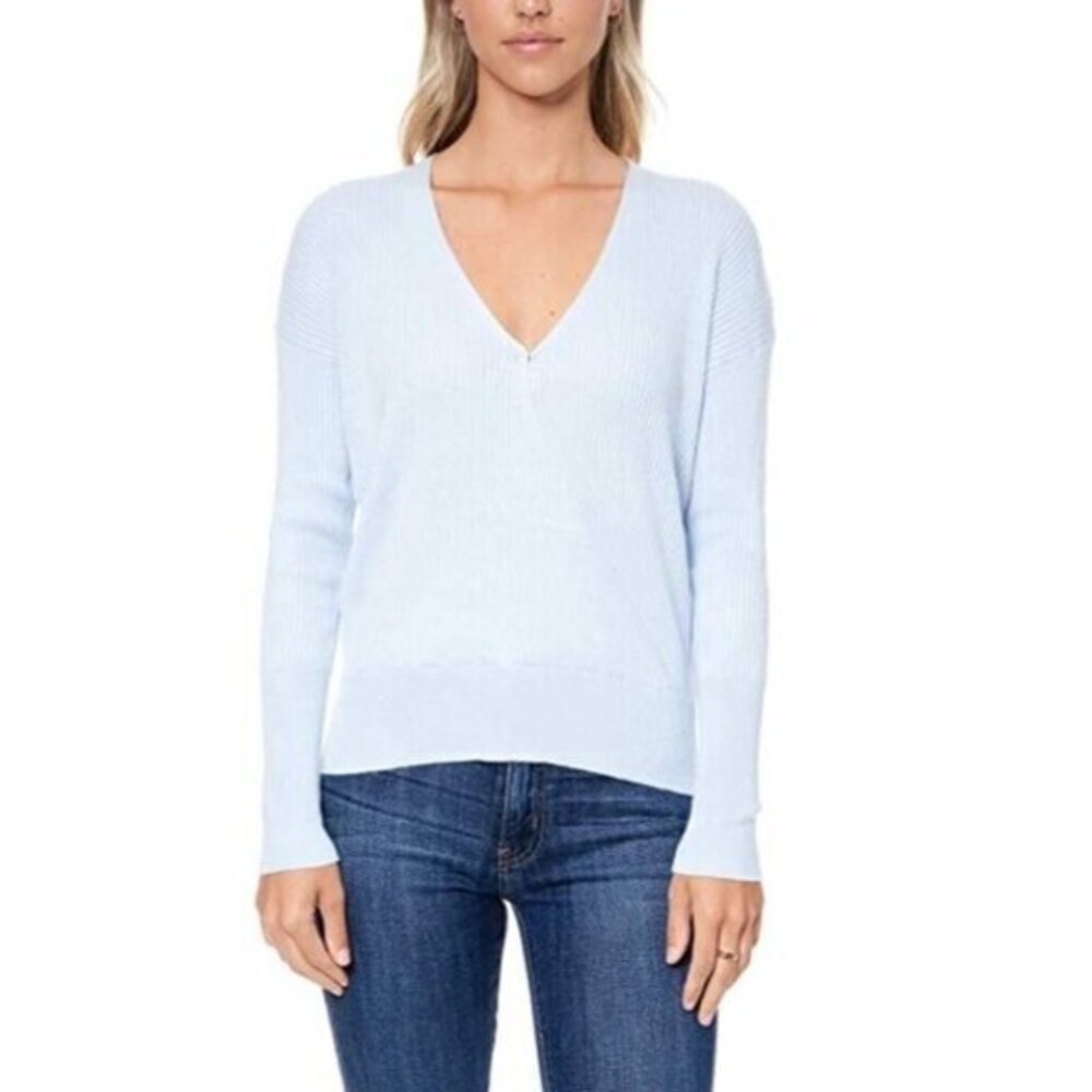 Elodie Faux Wrap Surplice Sweater Ribbed V Neck Knit Top Light Blue SZ XL New